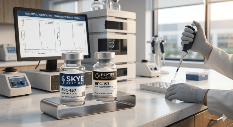 Analytical comparison of Skye Peptides and Peptide Sciences BPC-157 vials in a professional 2026 research laboratory with comparative HPLC data visualization